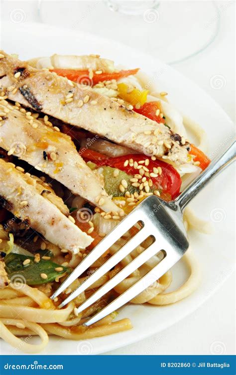 Grilled Chicken on Udon Noodles with Vegetables Stock Photo - Image of ...