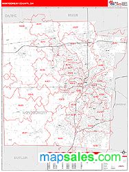 Montgomery County, OH Zip Code Wall Map Red Line Style by MarketMAPS