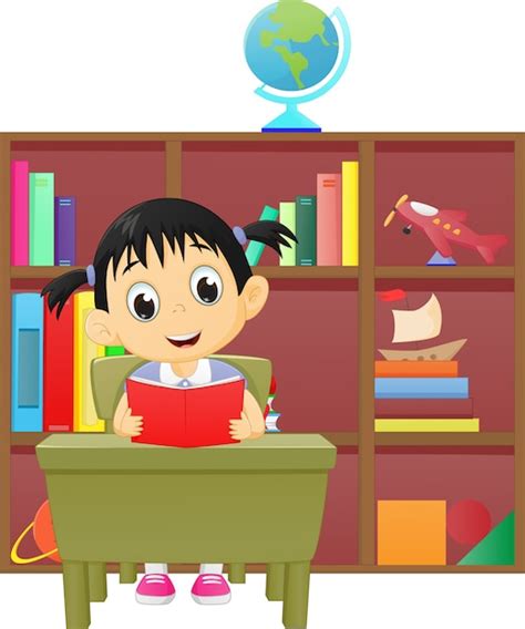 Little girl reading a book in the library | Premium Vector