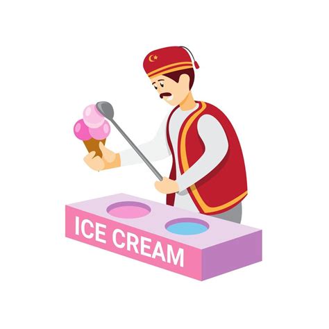 Turkish ice cream, man selling traditional ice cream from turkey in cartoon flat illustration ...