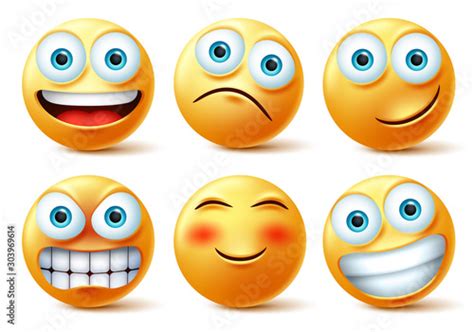 Emojis and emoticons face vector set. Emoji cute faces in happy, angry and funny facial ...