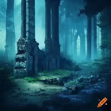 Deep blue forest dreamscape abandoned ruins