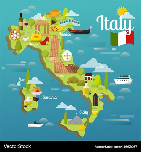 Colorful italy travel map with attraction symbols Vector Image