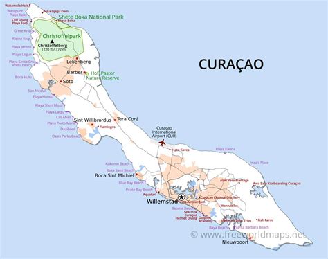 Curaçao Map; Geographical features of Curaçao of the Caribbean - Freeworldmaps.net