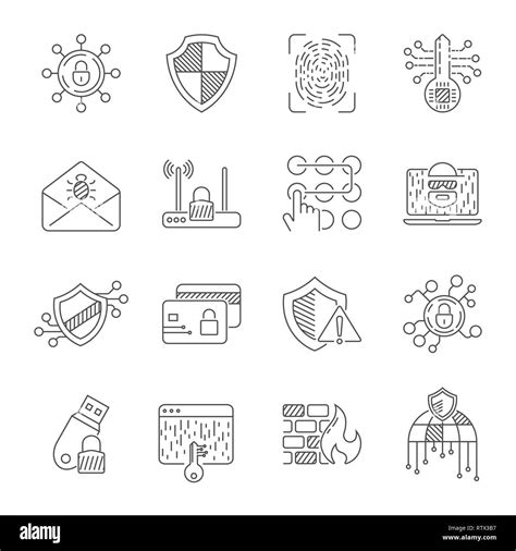 Data protection and cyber security thin line icons set. Computer network protection. Related ...