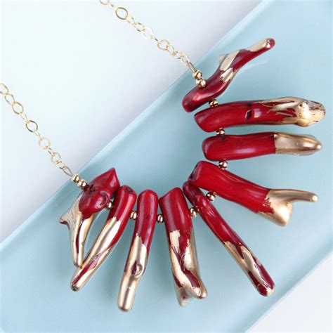 Gilded Coral Necklace Gold Chain Red Branch Coral