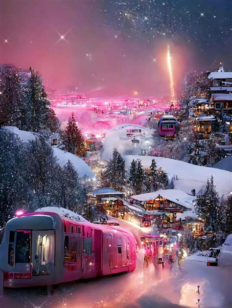 a pink train traveling through a snow covered town
