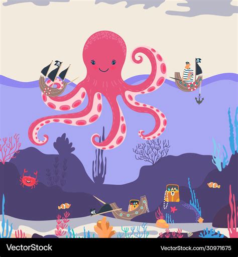 Giant octopus in ocean childish cartoon character Vector Image