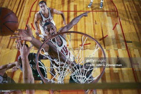 Aerial view of Philadelphia Warriors Wilt Chamberlain in action ...