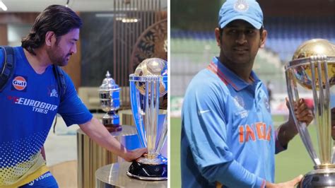 MS Dhoni reunited with 2011 ODI World Cup trophy in Mumbai ahead of MI ...