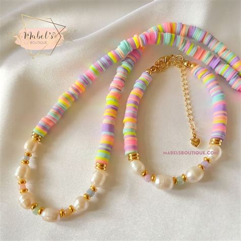 Pastel Clay & Natural pearls Necklace - Necklace | Beaded bracelets, Pastel bracelet, Clay bead ...