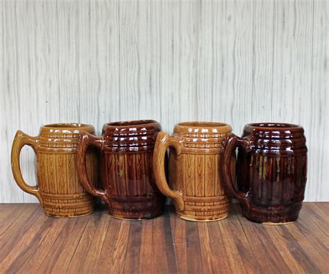 Vintage Ceramic Stoneware Barrel Mug Set of 4 Beer Stein Faux Wood Grain Brown and Tan Rustic ...