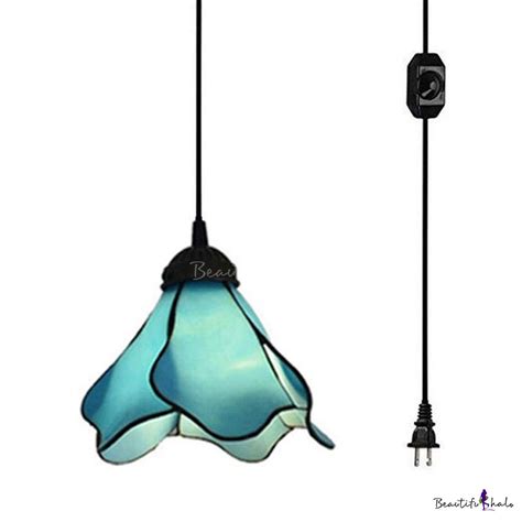 Traditional Flower Ceiling Light 1 Light Blue Glass Hanging Lamp with Plug In Cord for Stair ...