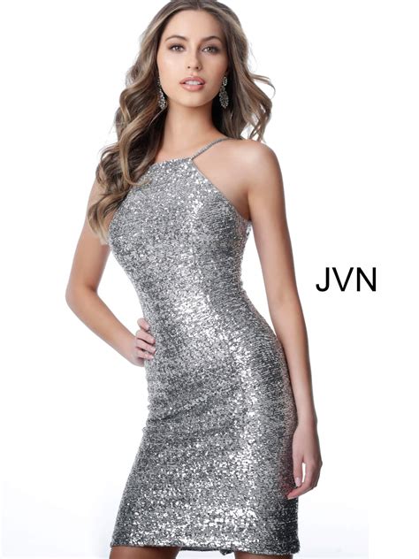 JVN1112 Dress | Silver Short Square Neck Cocktail Dress