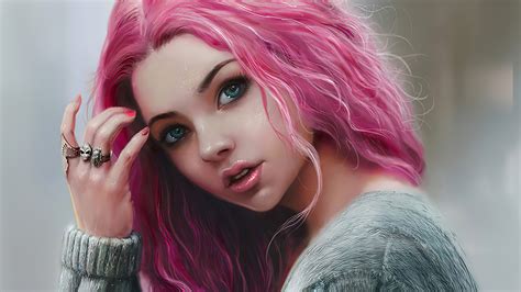 Download Face Blue Eyes Pink Hair Woman Artistic HD Wallpaper by ...