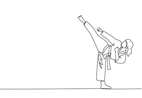 Single continuous line drawing young cute taekwondo woman doing kick pose in fight uniform with ...