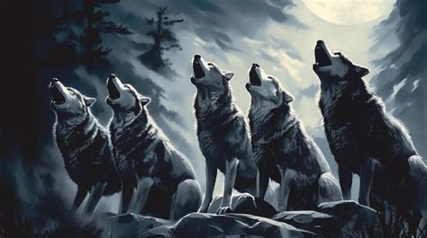 Premium AI Image | Pack of wolves howling at a looming full moon