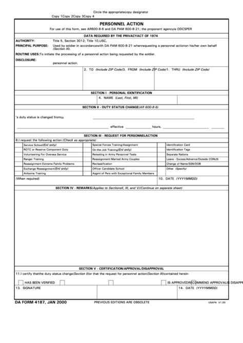 Da Form 4187 - Personnel Action printable pdf download