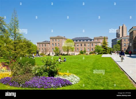 University of Leicester campus buildings students on grass ...