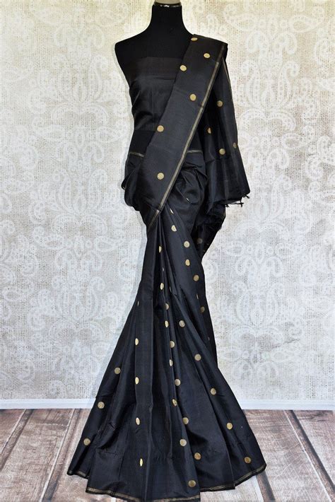 90E114 Black Woven Kanjeevaram Silk Sari with Gold Zari Buta in 2020 | Black blouse designs ...