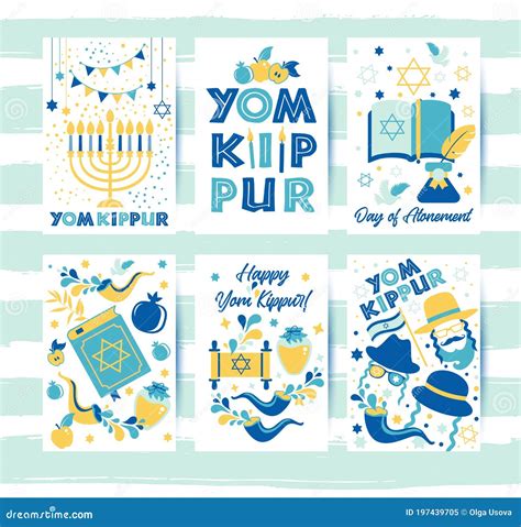 Yom Kippur Greeting Set Cards with Candles, Apples and Shofar and ...