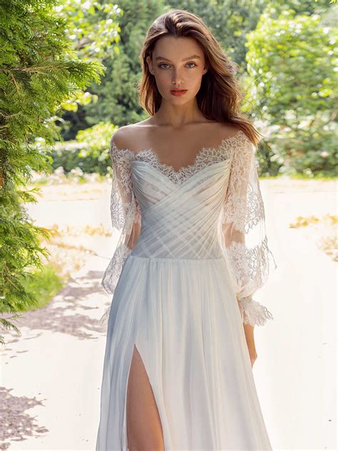 Off the shoulder sheath wedding dress with lace bishop style sleeves