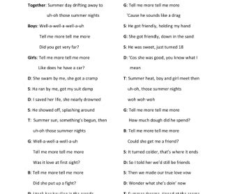 Song Worksheet:Summer Nights (from Grease)