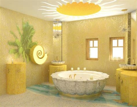 Cozy Bright Color Bathroom Design With Yellow Mosaic Tile Wall Decor And Beautiful Yellow ...
