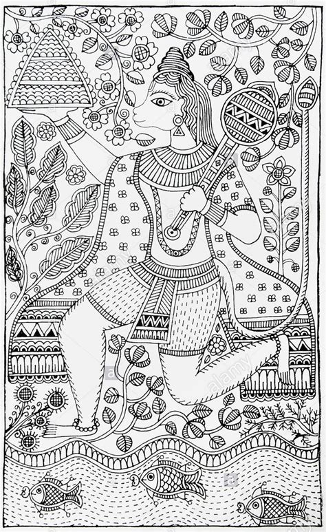 madhubani-paintings-depicting-lord-hanuman-with-dronagiri-mountain-BDA5N6 | Coloring Pages