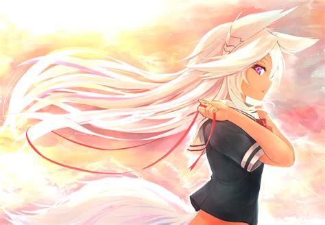 animal ears dark skin original pink eyes ribbons tail white hair ...