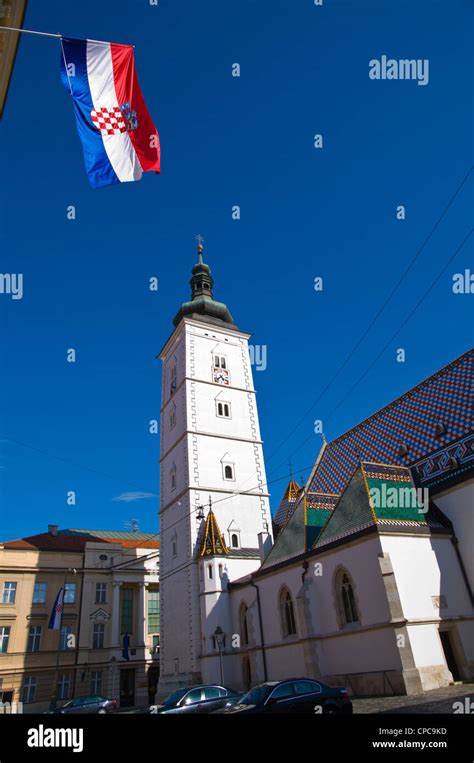 Croatian national flag and Crkva svetog Marka the St Mark's Church at ...