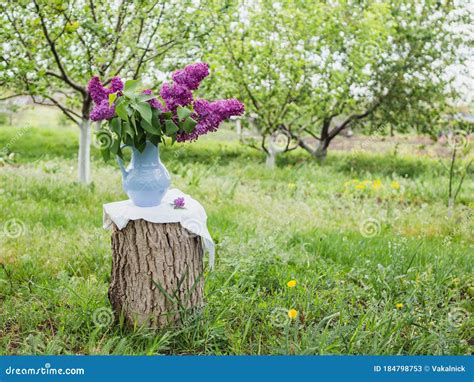 Lilac Flowers in Old Blue Porcelain Vase or Decanter on a Wooden Stump. Spring Background in a ...