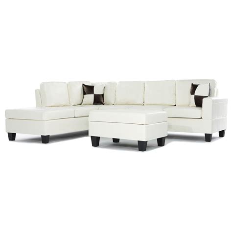 Bonded Leather White Modern Reversible Sectional Couch Set- Sofa Chaise ...