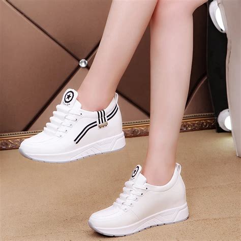 Women Sneakers Fashion White Hidden Wedge Heels Casual Shoes PU Leather ...