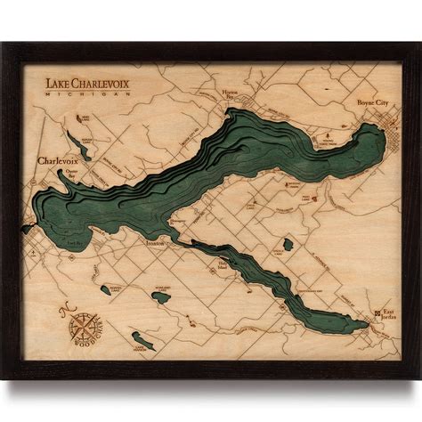 Lake Charlevoix Wooden Map Art | Topographic 3D Chart