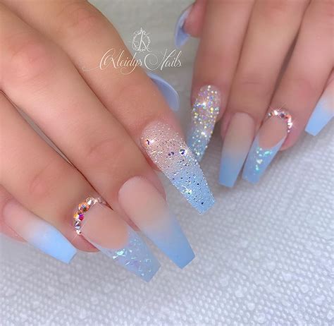 Blue Ombre Acrylic Nails With Design - img-plumtree