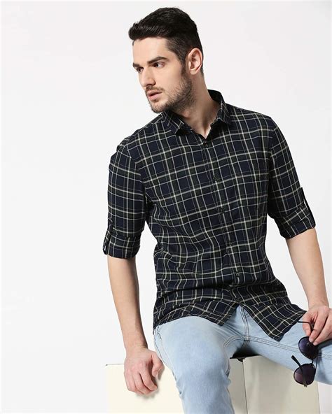 Buy Men's Navy & Green Slim Fit Checked Casual Shirt Online at Bewakoof