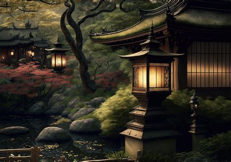 Premium Photo | Japanese Night Garden Evening Lanterns in Japan Garden Tradition Drawing ...