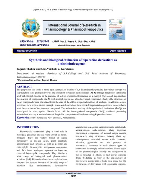 (PDF) Synthesis and biological evaluation of piperazine derivatives as anthelmintic agents ...