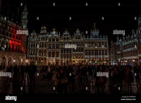 Brussels, Belgium - April 17 : Tourists visit the markt square at night where all the buildings ...