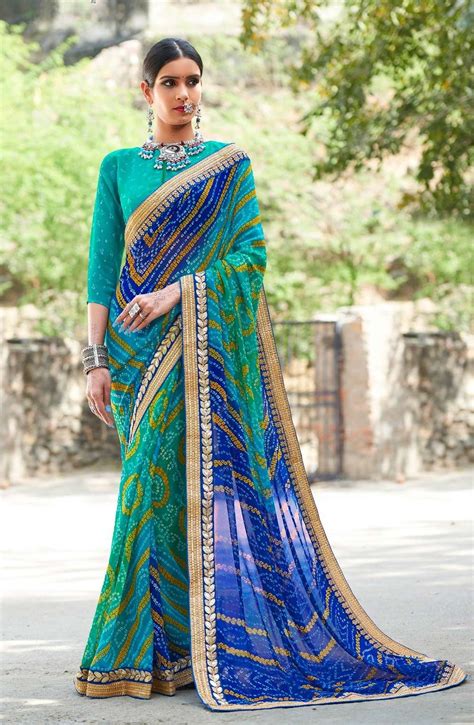 Latest Green and Blue Gujarati Bandhani Saree with Golden Gota Lace Border | Saree designs ...