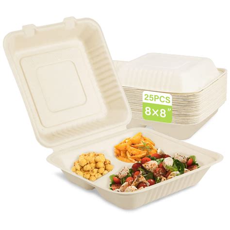 Buy Compostable Take Out Food Container 8X8", With 3 Compartments 25 Pack Disposable Clamshell ...