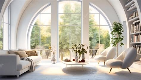 Premium Photo | Modern white living room with arched windows and chairs