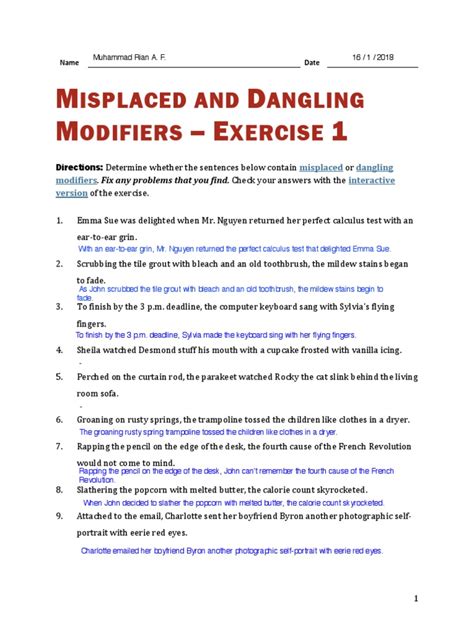 Misplaced And Dangling Modifiers Worksheets