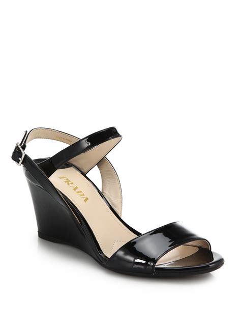 Lyst - Prada Patent Leather Wedge Sandals in Black