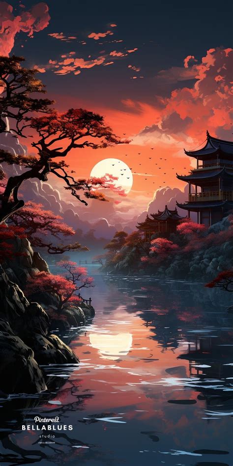 "Crimson Sky Delight: #SunsetScenery #JapaneseArtwork #CrimsonSky # ...