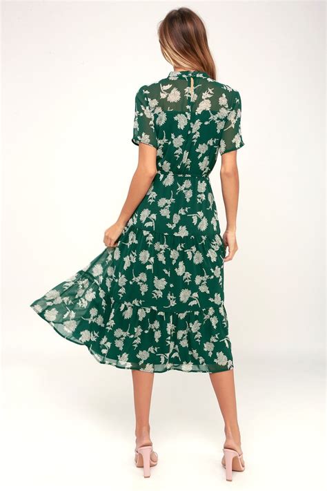 Floral Dressed Up Dark Green Floral Print Midi Dress | Midi short sleeve dress, Floral print ...