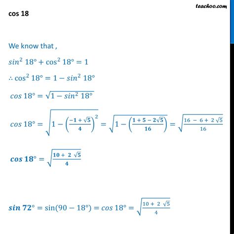 Find values of sin 18°, cos 18°, cos 36°, sin 36°, sin 54°, cos 54°