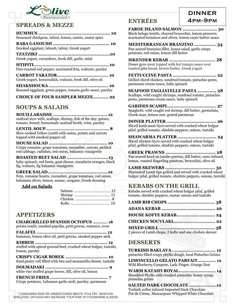 L'Olive Restaurant menu in Venice, Florida, USA