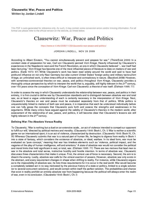 Clausewitz: War, Peace and Politics: Written by Jordan Lindell | PDF ...